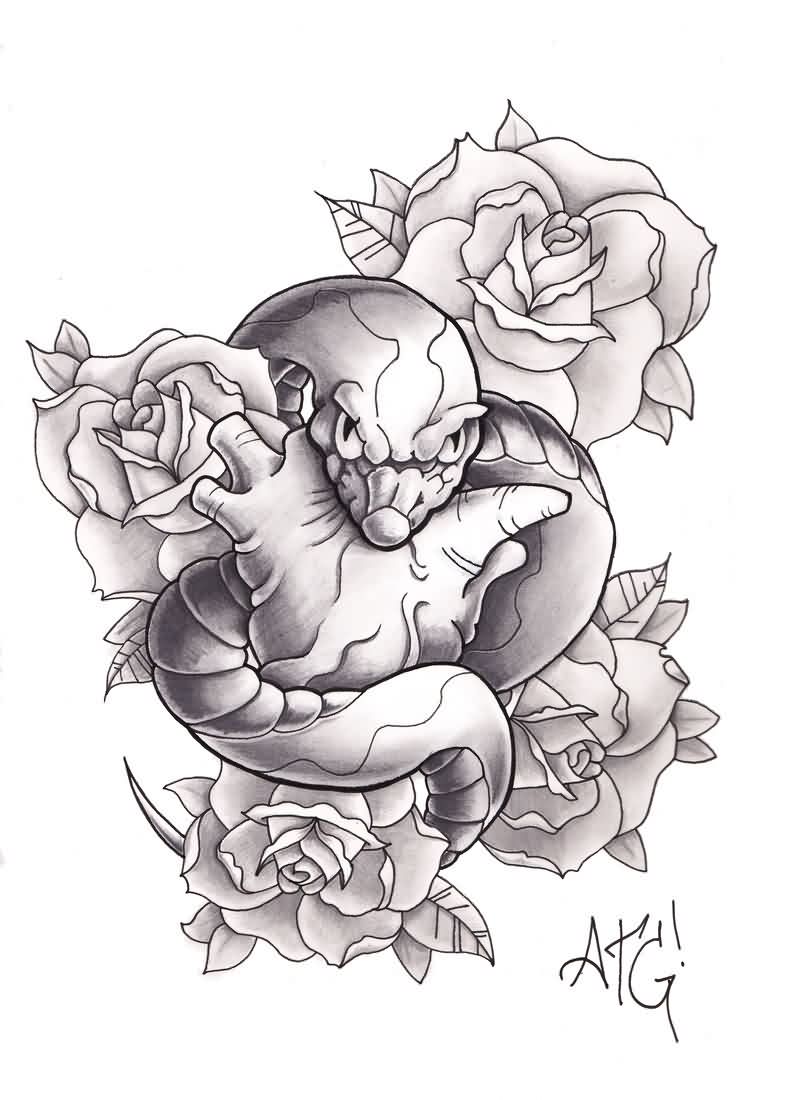 Black And Grey Snake With Roses Tattoo Design By A-T-G-4