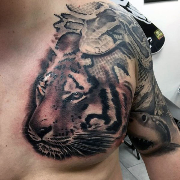 Black And Grey Tiger Head With Snake Tattoo On Man Left Half Sleeve And Chest