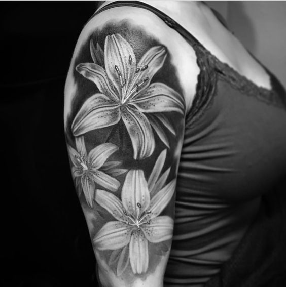 Black And Grey Tiger Lily Tattoos On Half Sleeve