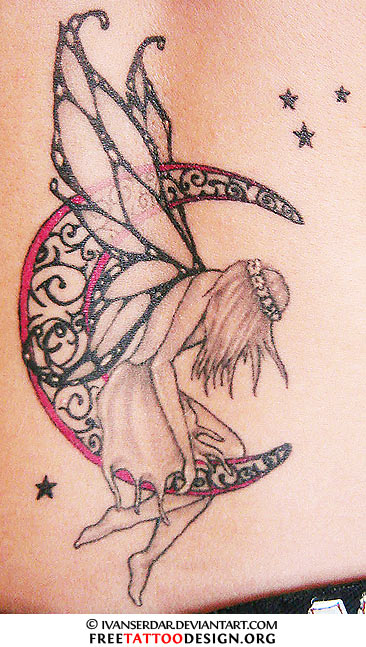 Black And Pink Fairy On Half Moon Tattoo Design For Lower Back