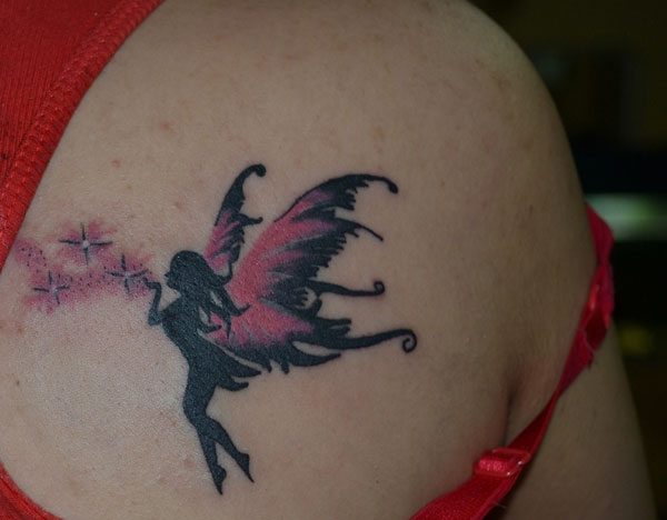Black And Pink Fairy Tattoo On Right Back Shoulder