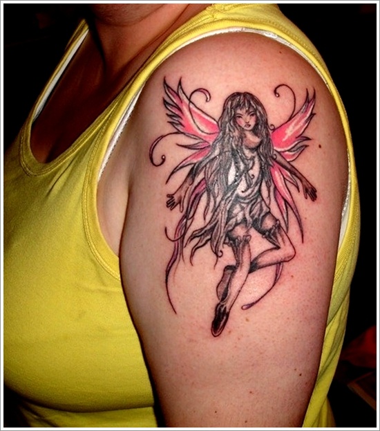 Black And Pink Fairy Tattoo On Women Left Upper Arm