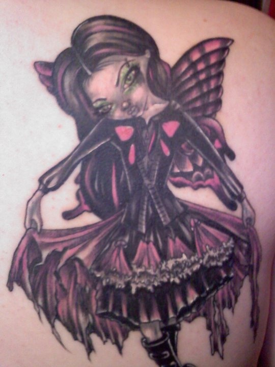 Black And Pink Gothic Fairy Tattoo On Right Back Shoulder