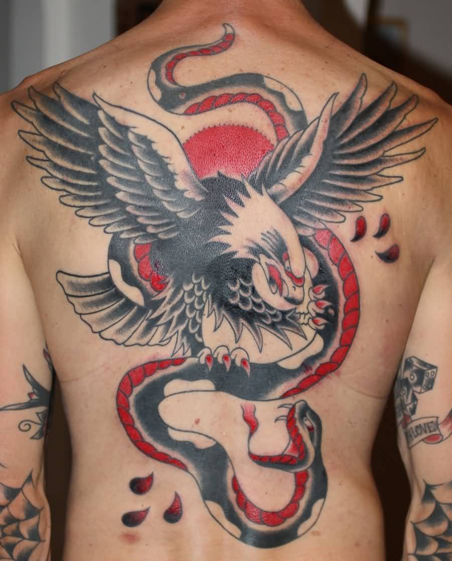 Black And Red Eagle With Snake Tattoo On Full Back