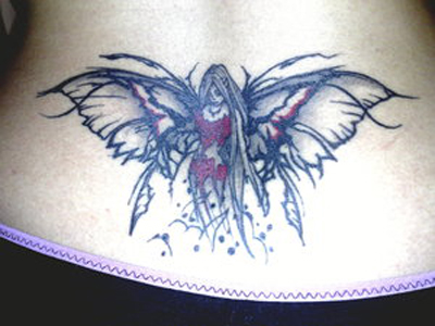Black And Red Fairy Tattoo On Girl Lower Back