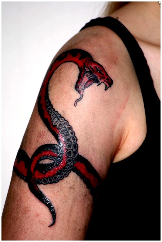 Black And Red Snake Tattoo On Women Right Half Sleeve