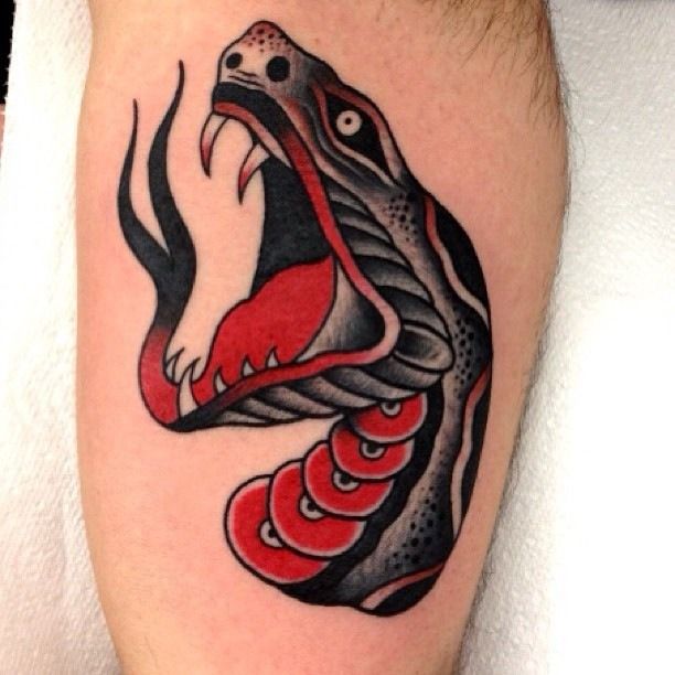 Black And Red Traditional Snake Head Tattoo Design For Leg Calf