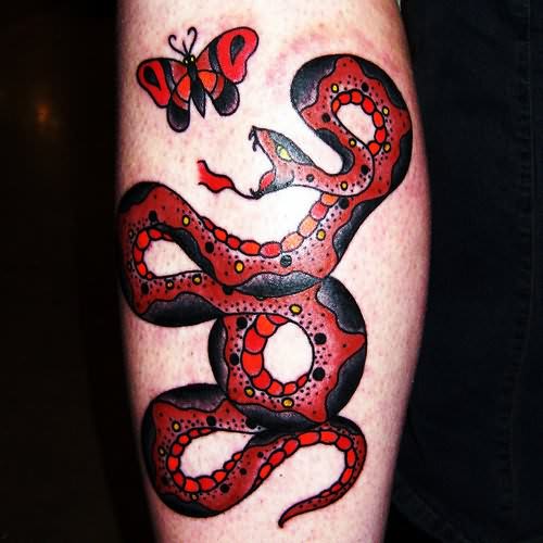 Black And Red Traditional Snake With Butterfly Tattoo Design For Leg