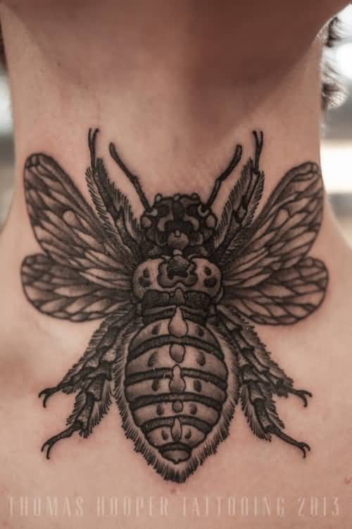 Black And White Bumblebee Tattoo On Neck