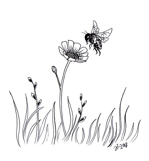 Black And White Flying Bumblebee With Flowers Tattoo Design