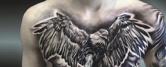 Black And White Flying Eagle Tattoo On Man Chest