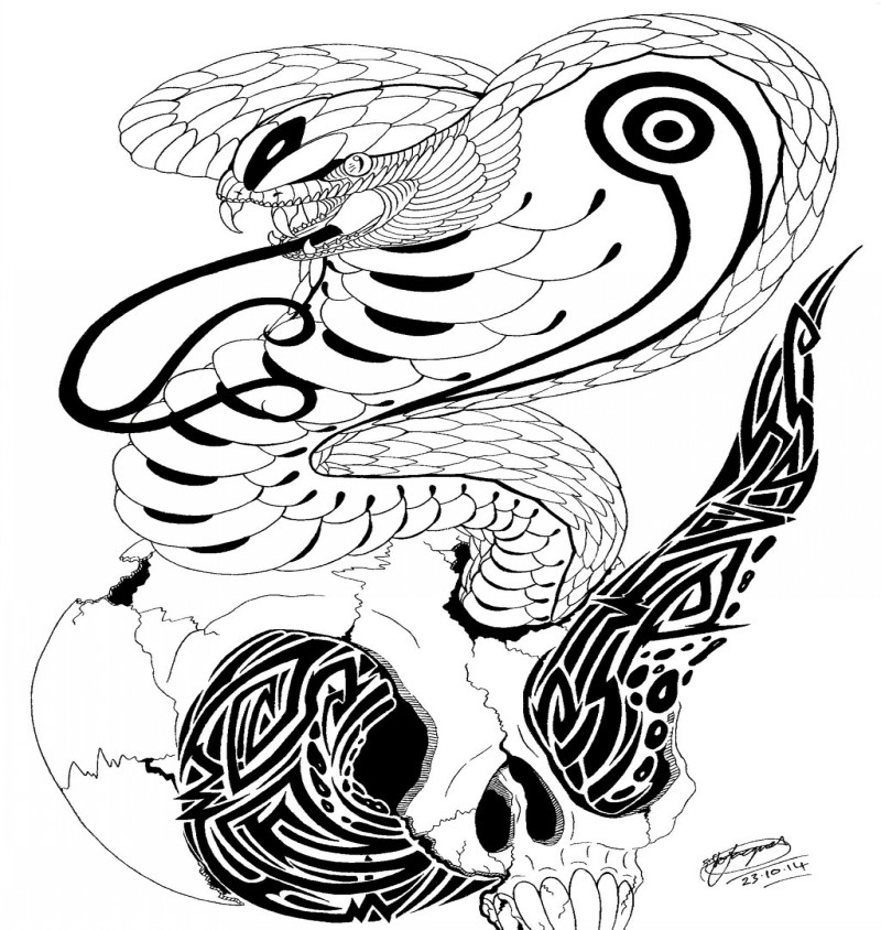 Black Cobra Snake With Skull Tattoo Design