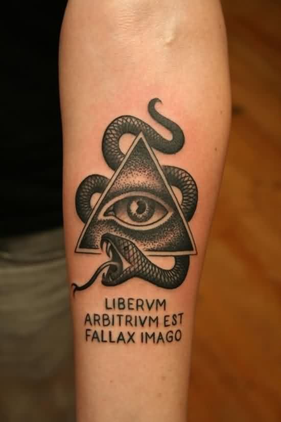 Black Dotwork Illuminati Eye With Snake Tattoo On Right Forearm
