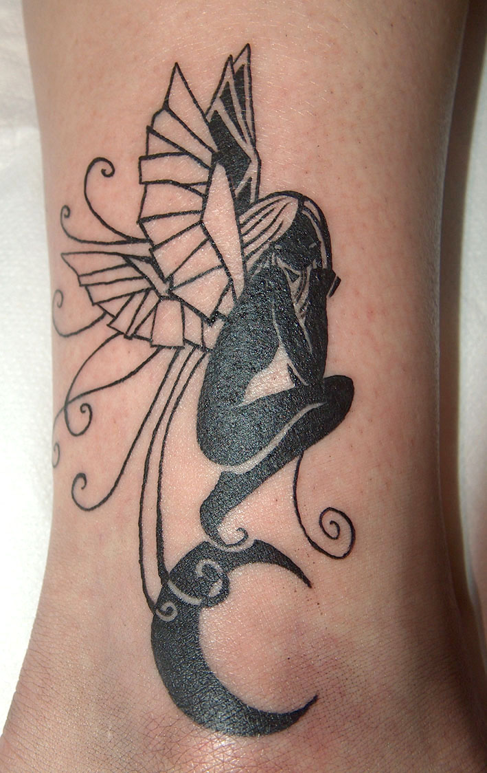 Black Geometric Fairy On Half Moon Tattoo Design For Ankle
