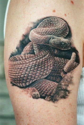 Black Ink 3D Rattlesnake Tattoo On Right Half Sleeve