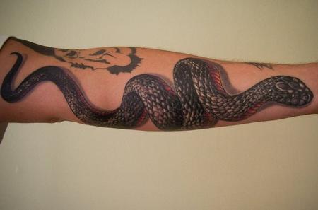 Black Ink 3D Snake Tattoo On Left Full Sleeve