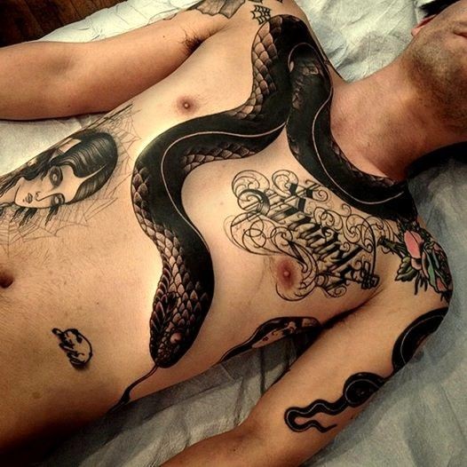 Black Ink 3D Snake Tattoo On Man Chest By Zac Scheinbaum