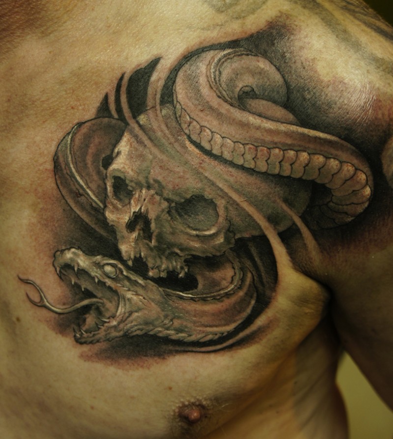 Black Ink 3D Snake With Skull Tattoo On Man Left Front Shoulder