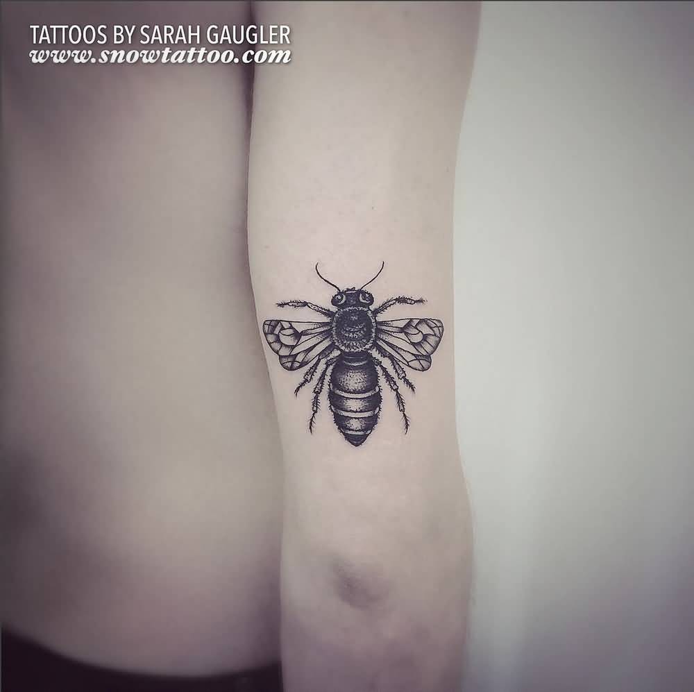Black Ink Bumblebee Tattoo On Right Half Sleeve By Sarah Gaugler