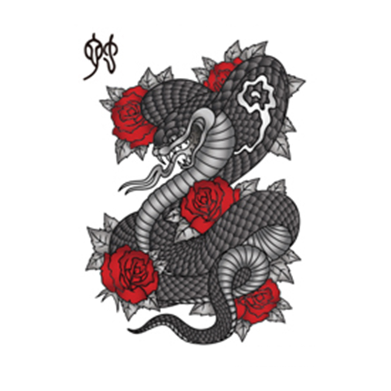 Black Ink Chinese Cobra Snake With Roses Tattoo Design
