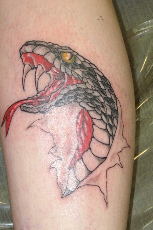 Black Ink Chinese Ripped Skin Snake Tattoo Design For Leg