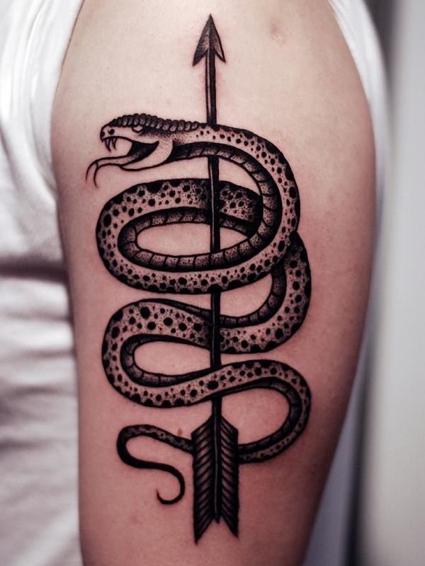 Black Ink Chinese Snake With Arrow Tattoo On Half Sleeve