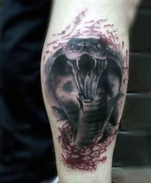 Black Ink Cobra Snake Head Tattoo On Leg Calf