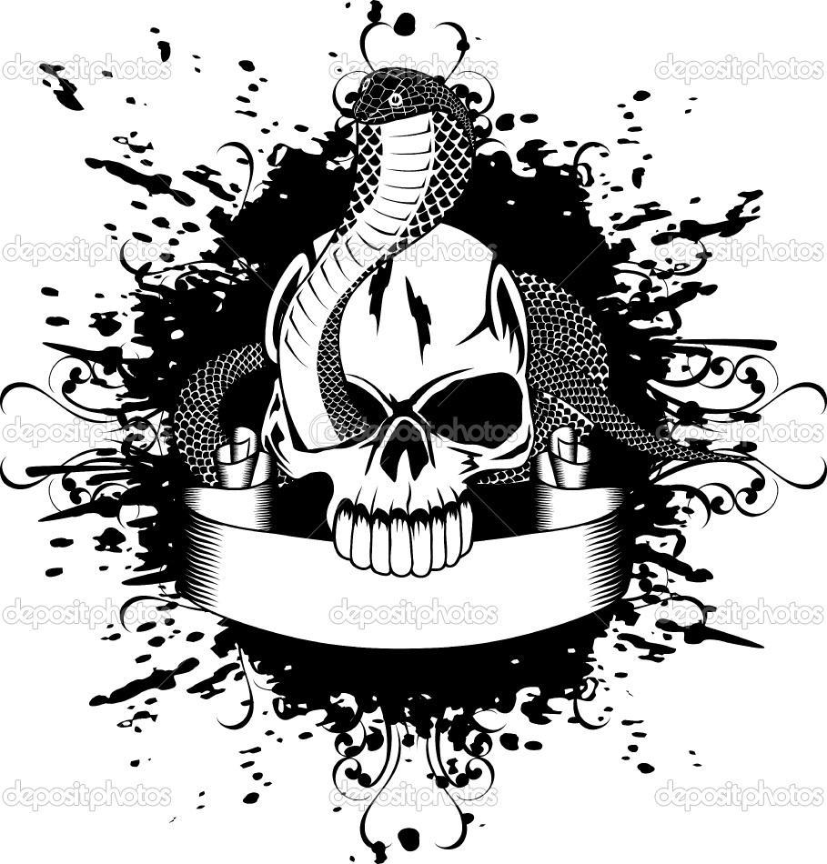 Black Ink Cobra Snake In Skull With Ribbon Tattoo Design