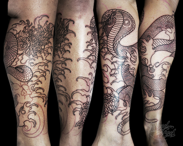 Black Ink Cobra Snake Tattoo Design For Leg