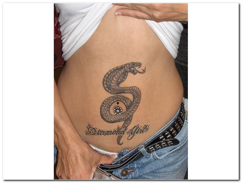 Black Ink Cobra Snake Tattoo On Girl Stomach