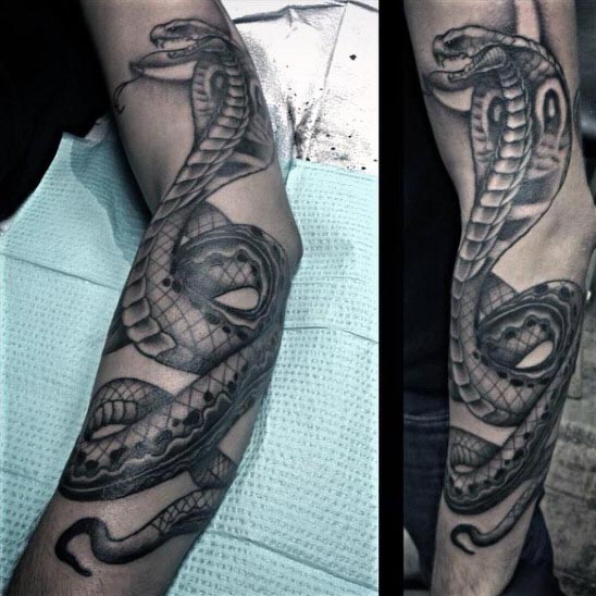 Black Ink Cobra Snake Tattoo On Left Full Sleeve