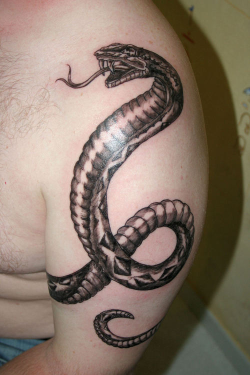 Black Ink Cobra Snake Tattoo On Man Left Half Sleeve