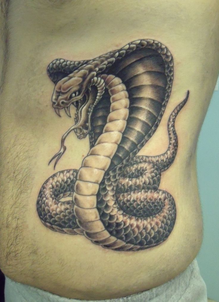 Black Ink Cobra Snake Tattoo On Man Left Side Rib