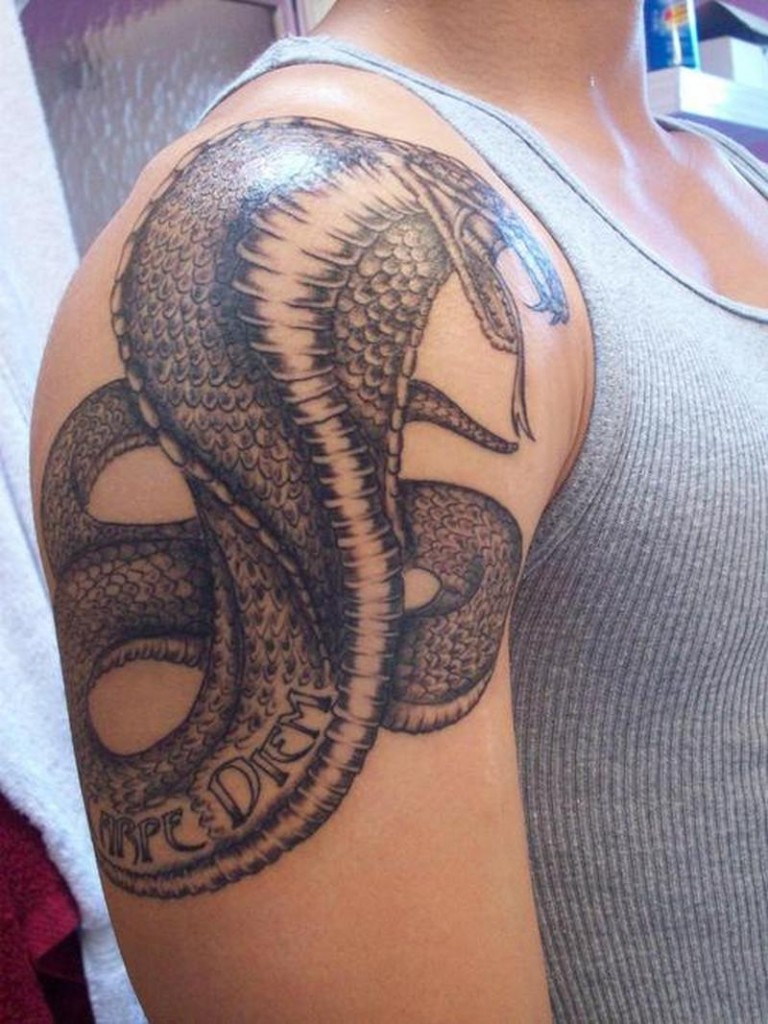 Black Ink Cobra Snake Tattoo On Man Right Shoulder