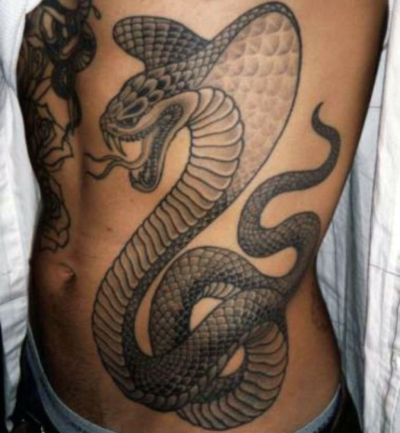 Black Ink Cobra Snake Tattoo On Man Stomach