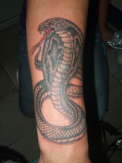 Black Ink Cobra Snake Tattoo On Right Arm