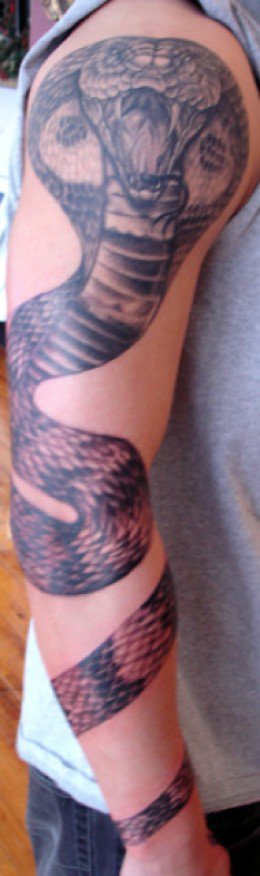 Black Ink Cobra Snake Tattoo On Right Full Sleeve