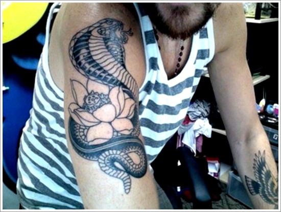 Black Ink Cobra Snake With Lotus Flower Tattoo On Man Right Half Sleeve