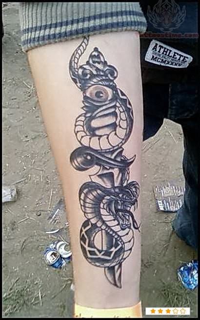 Black Ink Dagger With Snake Tattoo Design For Forearm