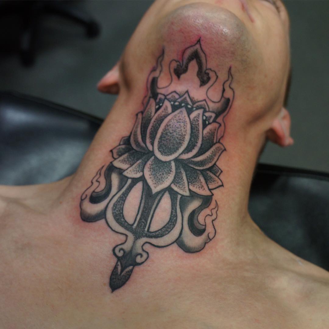 Black Ink Dotwork Lotus Tattoo On Man Neck