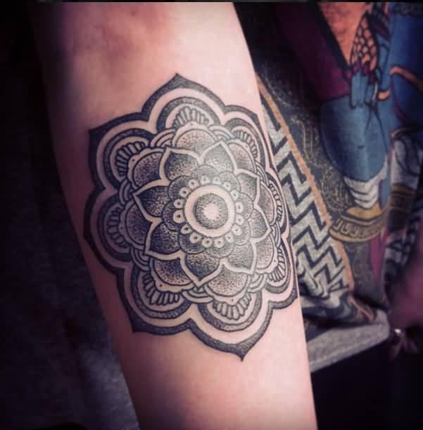 Black Ink Dotwork Mandala Lotus Tattoo Design For Sleeve