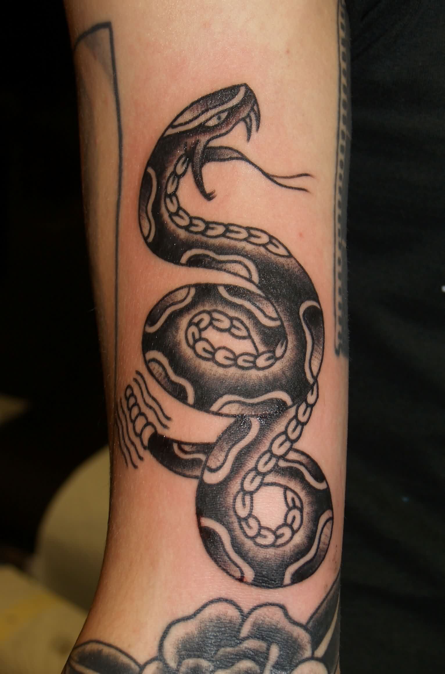 Black Ink Dotwork Snake Tattoo Design For Arm