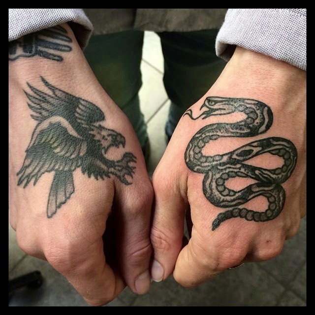 Black Ink Eagle And Snake Tattoo On Both Hand
