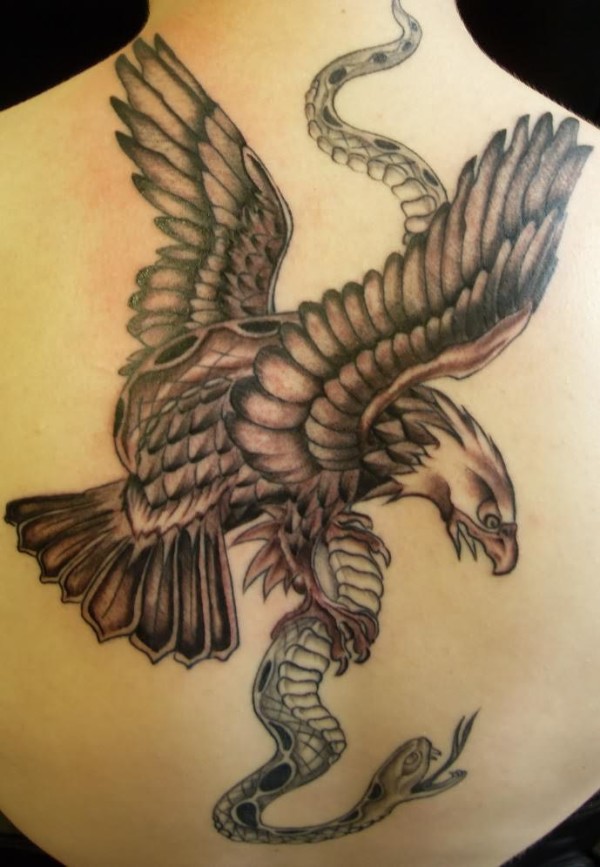 Black Ink Eagle With Snake Tattoo Design For Upper Back