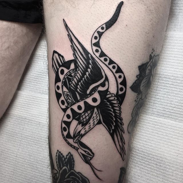 Black Ink Eagle With Snake Tattoo On Left Thigh