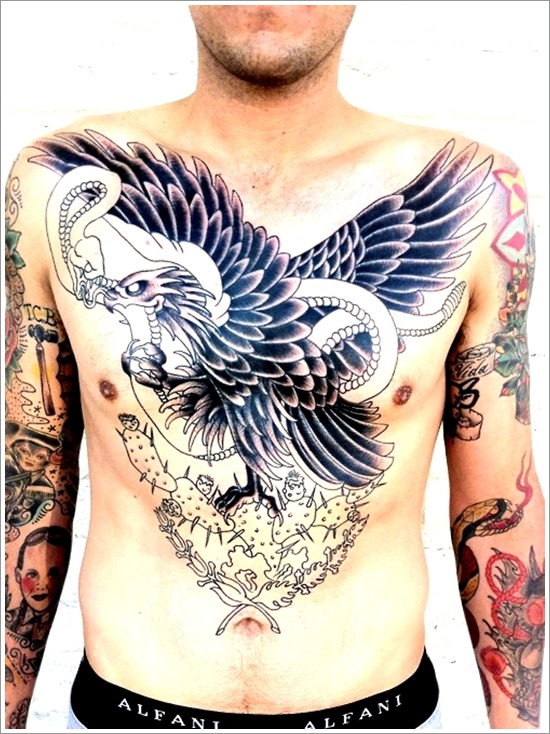 Black Ink Eagle With Snake Tattoo On Man Chest