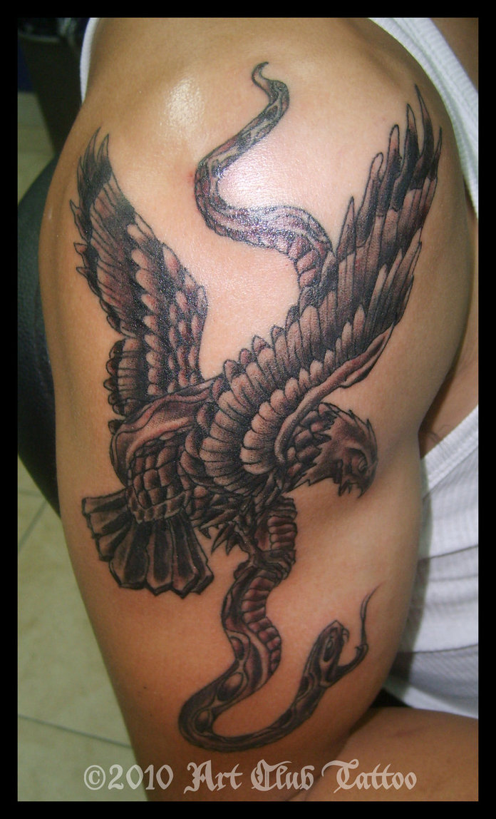 Black Ink Eagle With Snake Tattoo On Right Half Sleeve