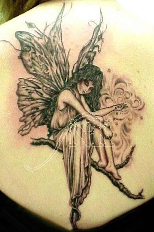 Black Ink Fairy On Branch Tattoo Design For Girl Back Shoulder