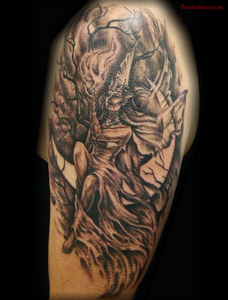 Black Ink Fairy On Branch Tattoo On Left Half Sleeve