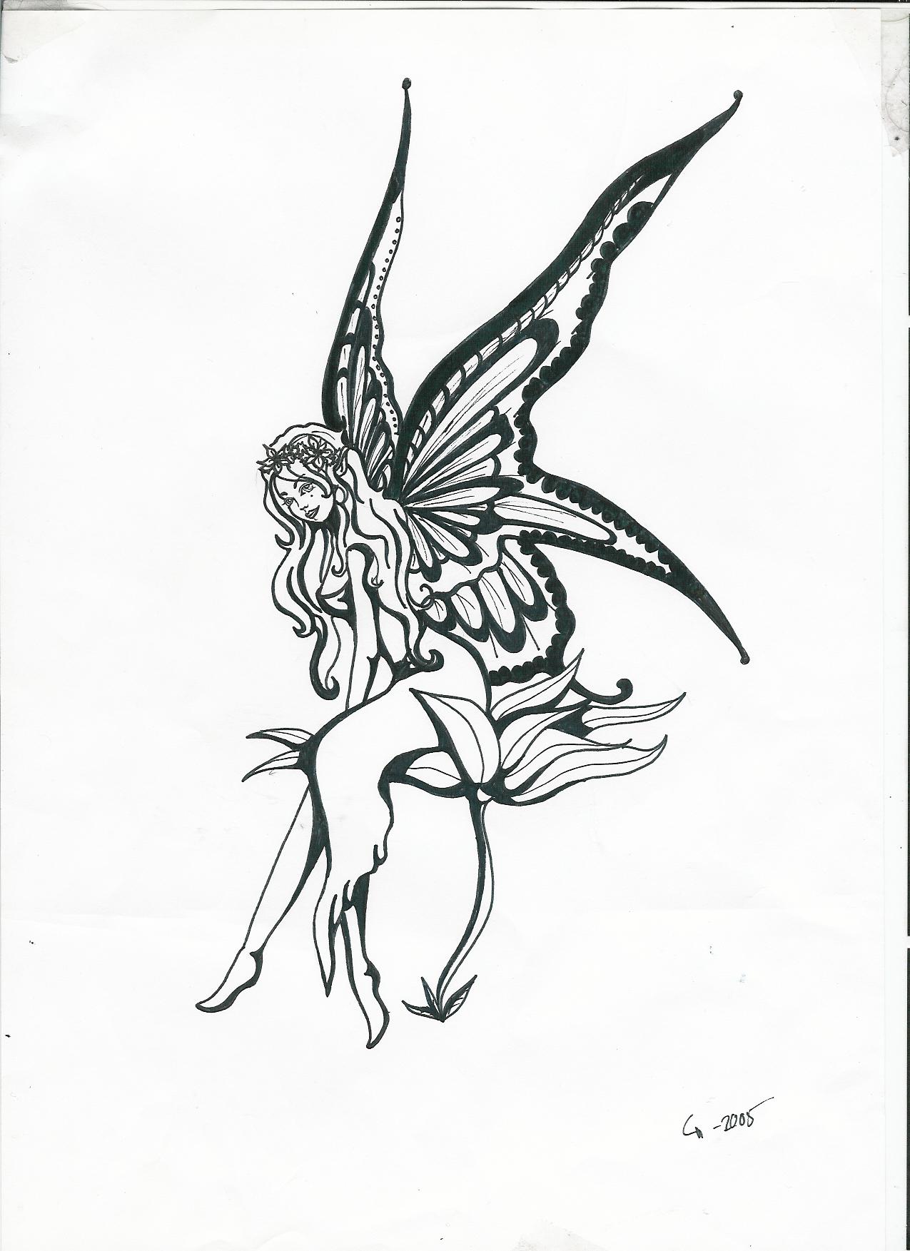 Black Ink Fairy On Flower Tattoo Design By Dissy